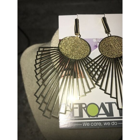 Deroaty Art Deco Statement Drop Dangle Earrings Gold Tone w/Hard Case - Picture 3 of 7